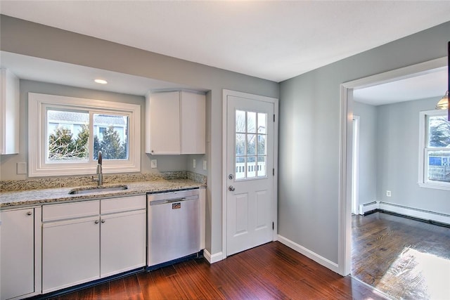 kitchen with sink, stainless steel dishwasher, dark hardwood / wood-style floors, and white cabinetry