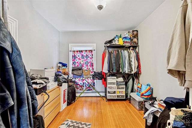 walk in closet with a baseboard radiator and light hardwood / wood-style flooring