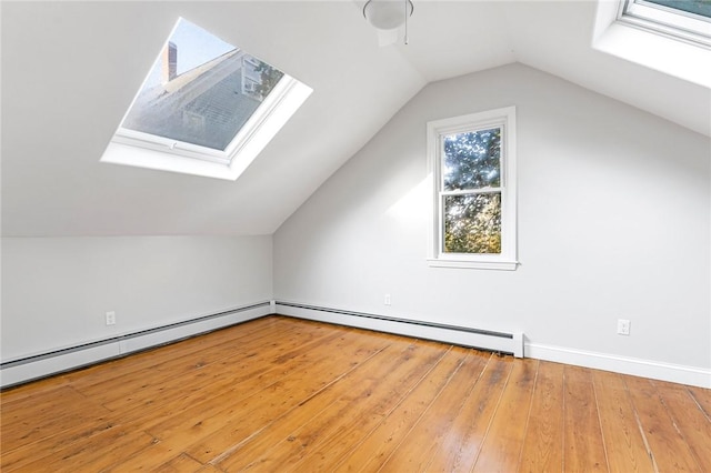 bonus room with a baseboard heating unit, lofted ceiling with skylight, and hardwood / wood-style floors