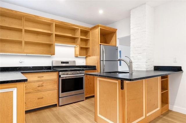 kitchen with sink, light wood-type flooring, kitchen peninsula, and appliances with stainless steel finishes