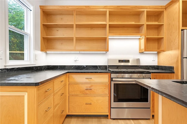 kitchen with dark stone counters, appliances with stainless steel finishes, and light hardwood / wood-style floors