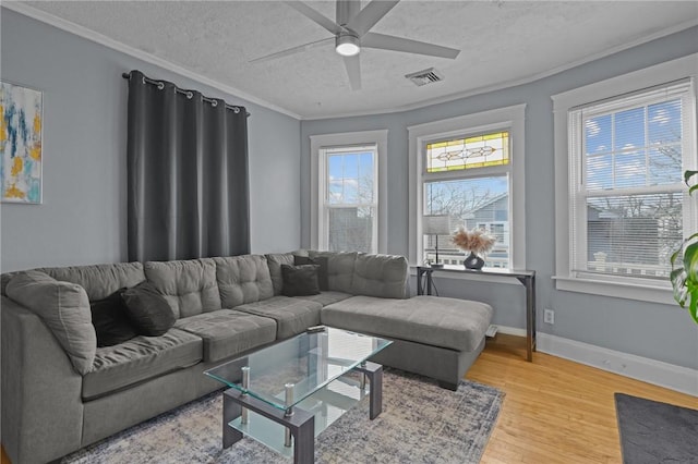 living room with a textured ceiling, ornamental molding, plenty of natural light, and wood-type flooring