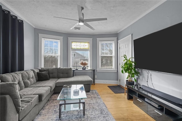 living room featuring a textured ceiling, ornamental molding, light hardwood / wood-style flooring, and plenty of natural light