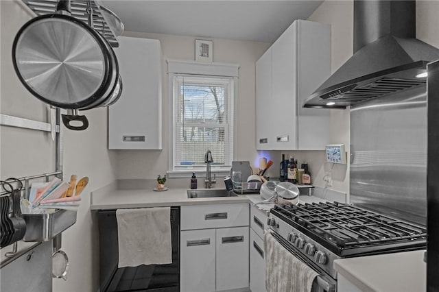 kitchen with extractor fan, dishwasher, gas stove, white cabinetry, and sink