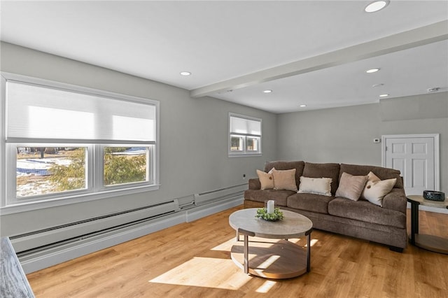 living room featuring beamed ceiling, light hardwood / wood-style flooring, and a baseboard heating unit