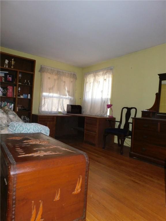 bedroom with multiple windows and hardwood / wood-style flooring