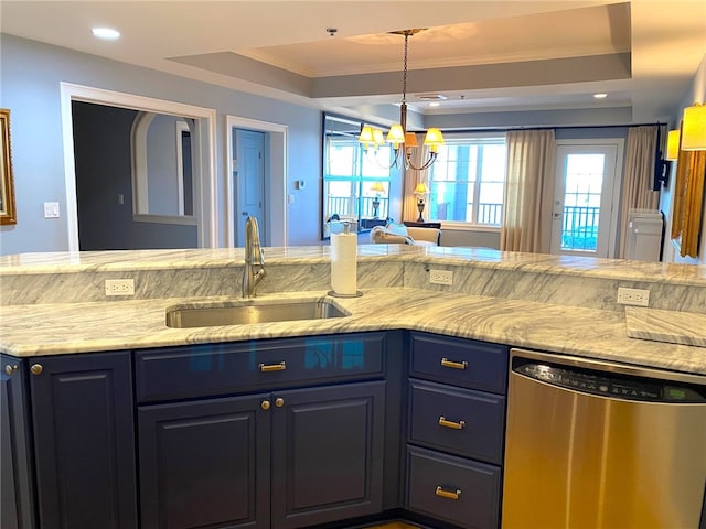 kitchen featuring a tray ceiling, a notable chandelier, ornamental molding, stainless steel dishwasher, and sink