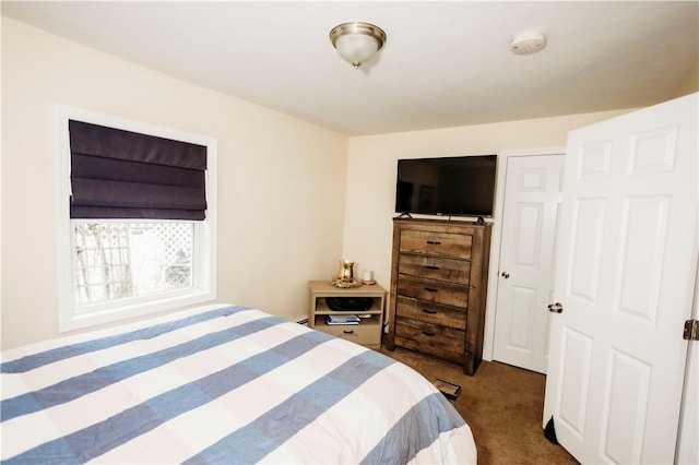 bedroom featuring dark colored carpet