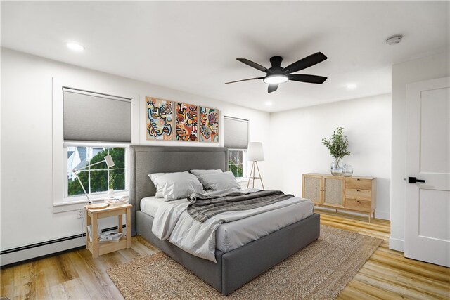 bedroom with ceiling fan and light wood-type flooring