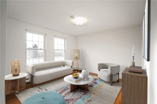 living room featuring hardwood / wood-style flooring and a baseboard radiator