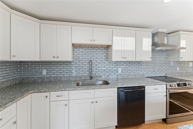 kitchen with electric range, dishwasher, decorative backsplash, white cabinets, and sink