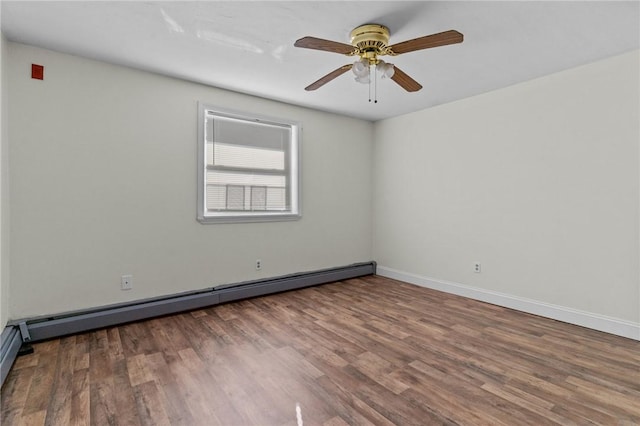 unfurnished room featuring hardwood / wood-style flooring, a baseboard radiator, and ceiling fan