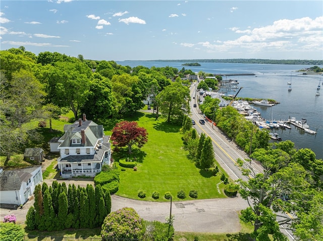 bird's eye view with a water view