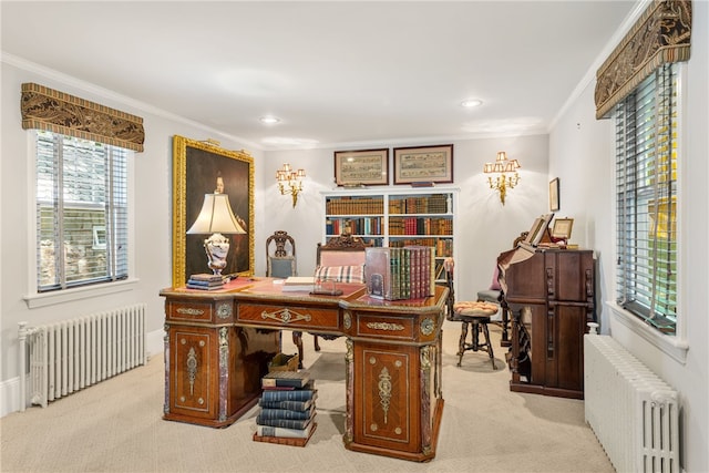 office with radiator, crown molding, and light colored carpet