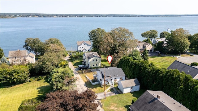 drone / aerial view with a water view