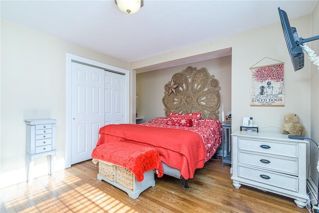 bedroom featuring hardwood / wood-style floors and a closet