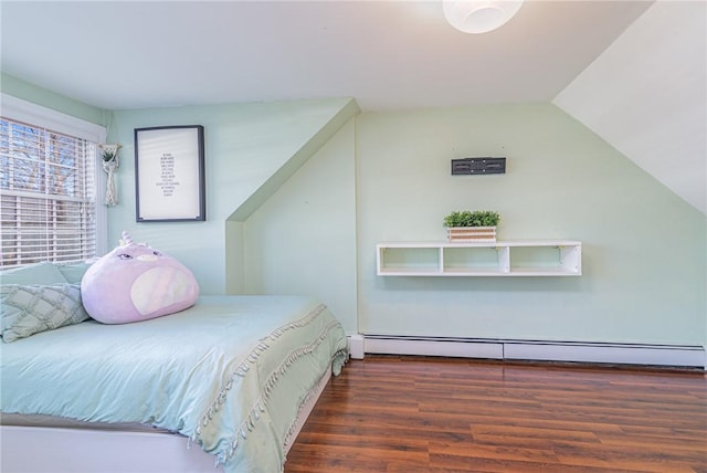 bedroom with dark wood-type flooring, a baseboard radiator, and lofted ceiling