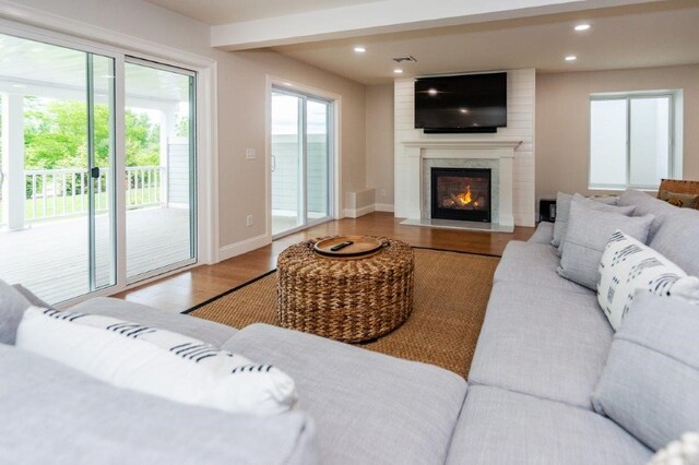 living room with light hardwood / wood-style flooring and a fireplace