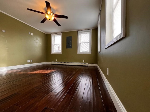 unfurnished room featuring ceiling fan, baseboard heating, wood-type flooring, and electric panel