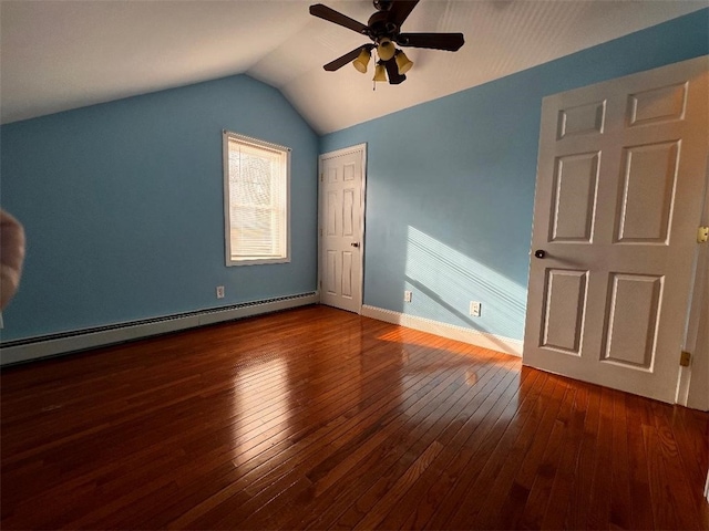 unfurnished bedroom featuring ceiling fan, vaulted ceiling, dark wood-type flooring, and a baseboard radiator