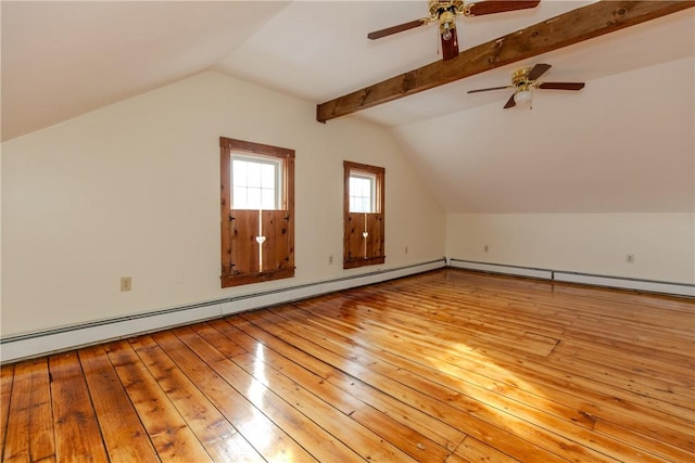 bonus room with light hardwood / wood-style floors, a baseboard heating unit, lofted ceiling with beams, and ceiling fan