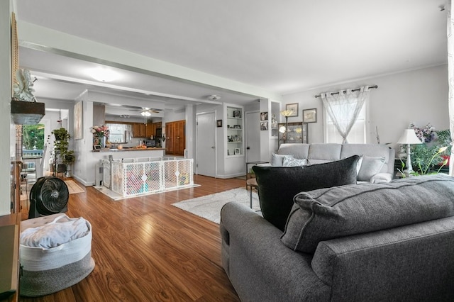 living area featuring crown molding, a ceiling fan, and wood finished floors