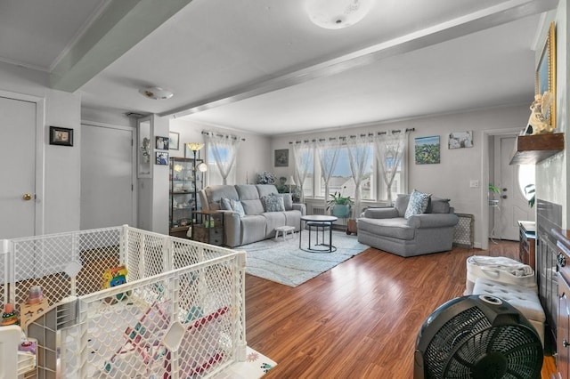 living room featuring a wealth of natural light, ornamental molding, and hardwood / wood-style flooring