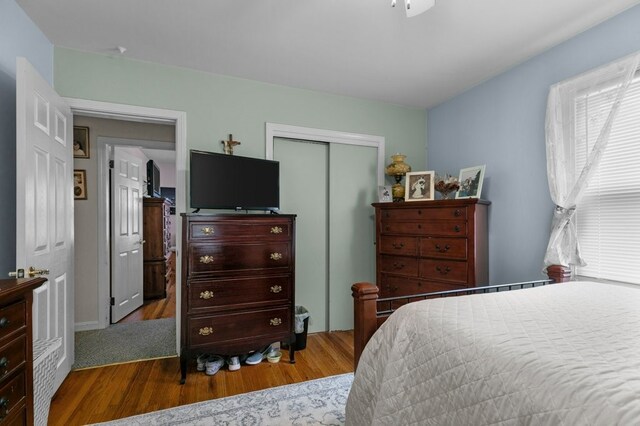 bedroom featuring wood finished floors and a closet