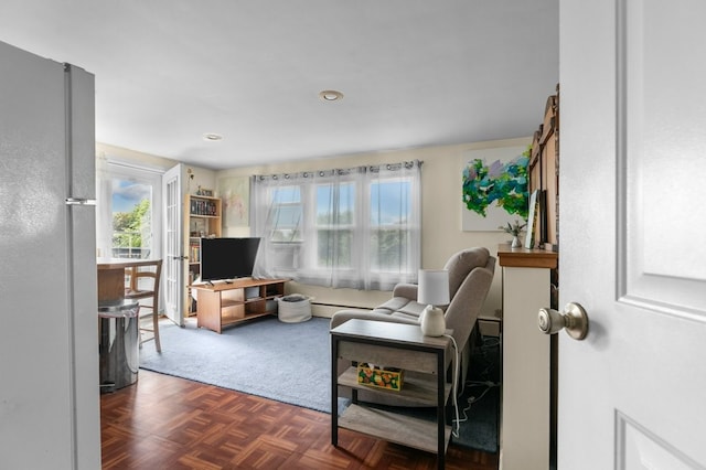 living room featuring dark parquet flooring