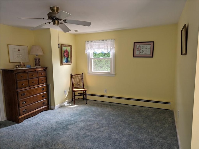 living area featuring carpet floors, ceiling fan, and baseboard heating