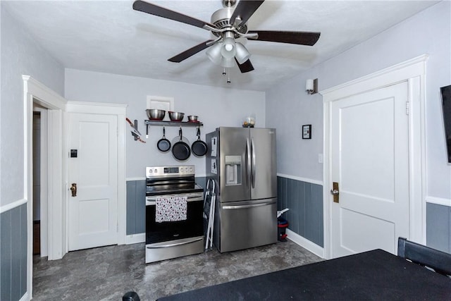 kitchen featuring ceiling fan and appliances with stainless steel finishes