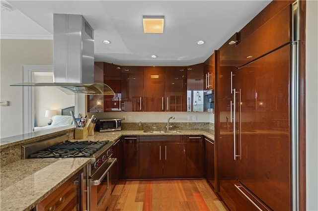 kitchen with sink, light wood-type flooring, premium appliances, island range hood, and light stone counters