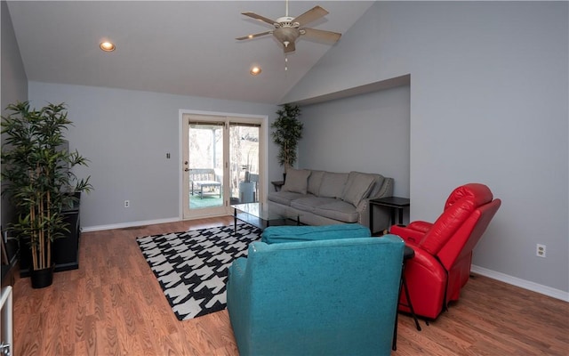 living room with high vaulted ceiling, hardwood / wood-style flooring, and ceiling fan