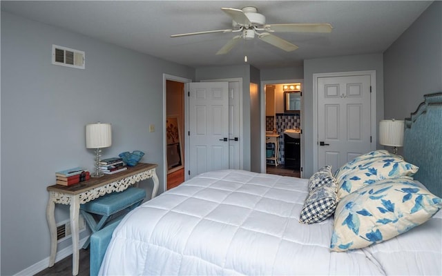 bedroom featuring connected bathroom and ceiling fan