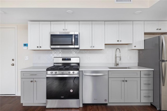 kitchen with backsplash, dark hardwood / wood-style floors, sink, appliances with stainless steel finishes, and white cabinets