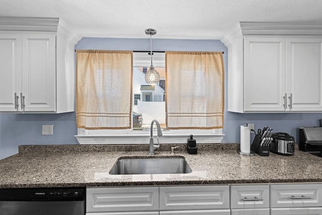 kitchen with white cabinetry, dishwasher, sink, and pendant lighting