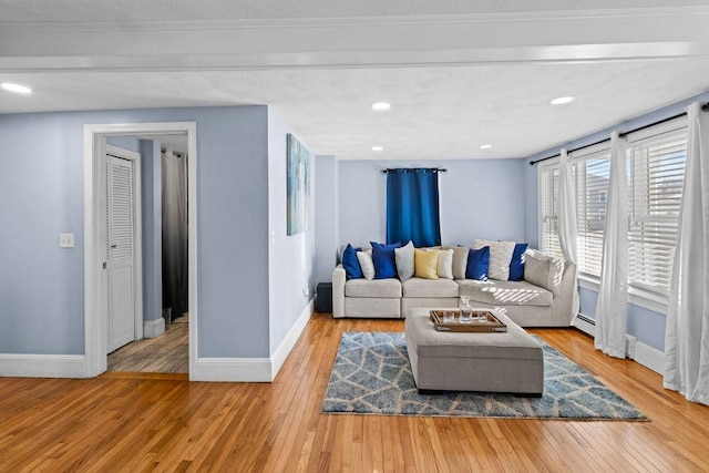 living room with a baseboard radiator and light wood-type flooring