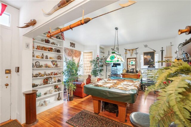 recreation room with plenty of natural light, billiards, and light wood-type flooring