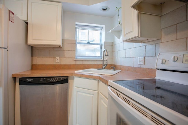 kitchen with white cabinets, dishwasher, white range with electric stovetop, sink, and ventilation hood