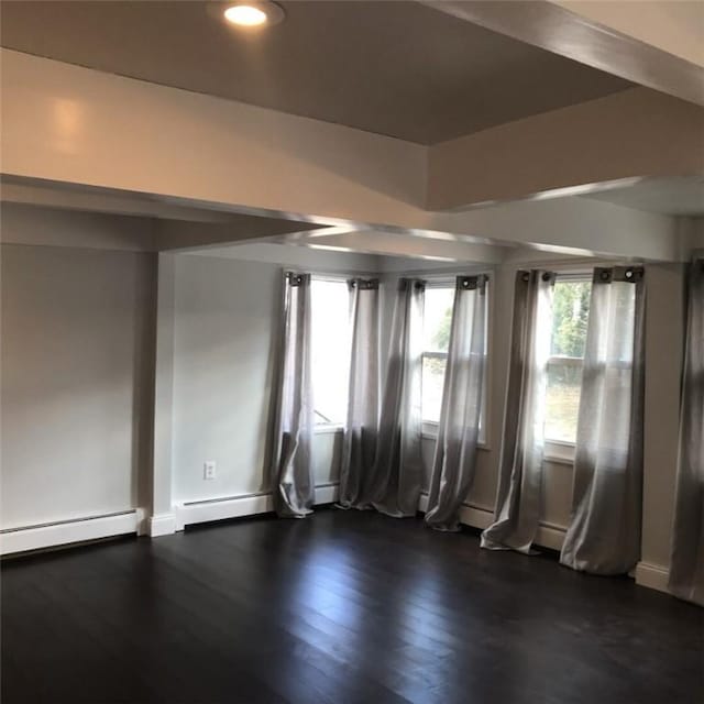 empty room featuring dark wood-type flooring and baseboard heating