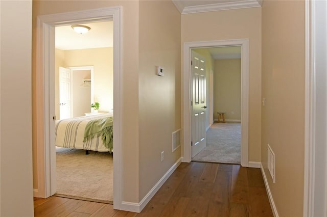 corridor featuring crown molding and hardwood / wood-style floors