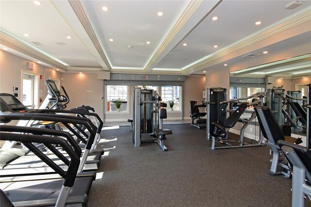 workout area with crown molding