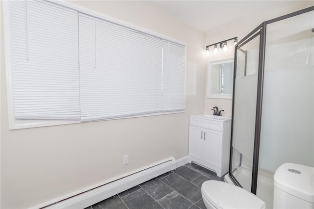 bathroom with toilet, walk in shower, vanity, and a baseboard radiator