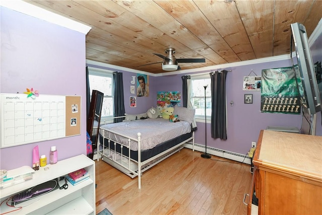 bedroom with light wood-type flooring, wooden ceiling, ornamental molding, and baseboard heating