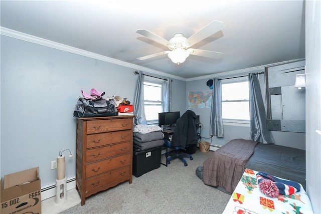 office featuring light carpet, ceiling fan, and crown molding