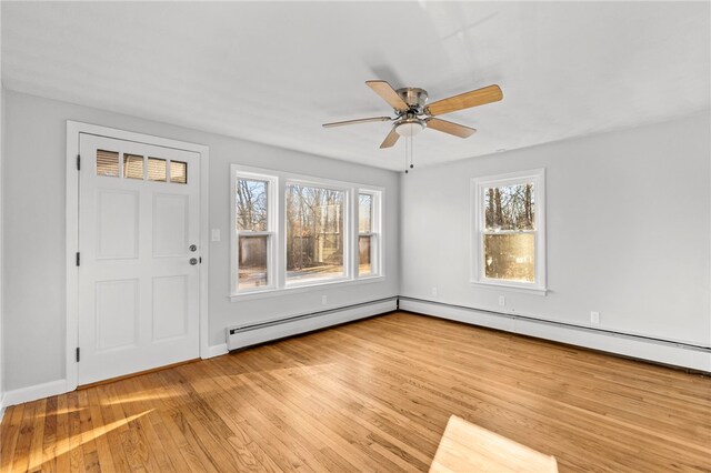 foyer entrance featuring ceiling fan, light hardwood / wood-style floors, and a baseboard radiator