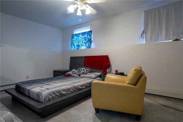 bedroom with ceiling fan and a baseboard heating unit