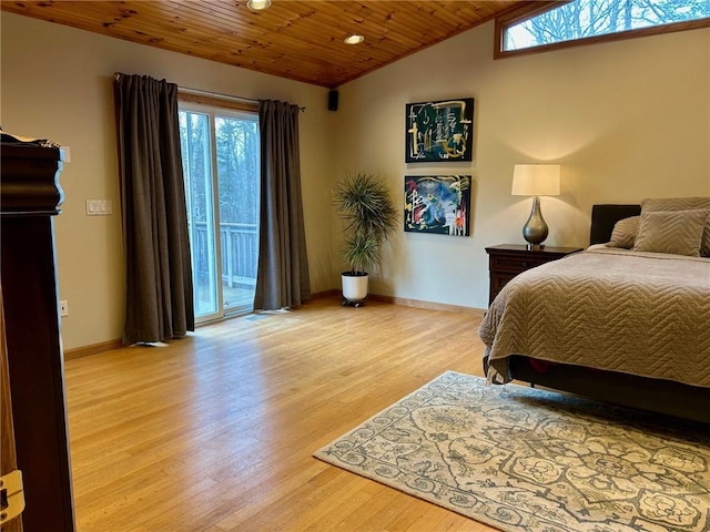 bedroom featuring wooden ceiling, access to exterior, light wood-type flooring, and vaulted ceiling