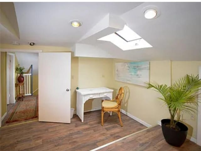 interior space featuring dark wood-type flooring and lofted ceiling with skylight