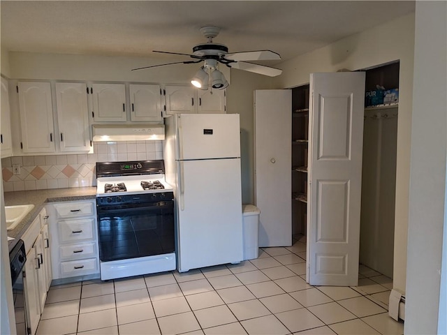 kitchen with dishwasher, range hood, white fridge, white cabinetry, and range with gas stovetop